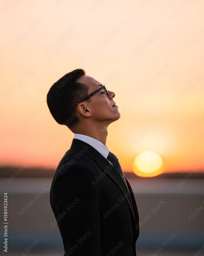Fototapeta premium A man in a suit and glasses gazes upward thoughtfully against a warm, glowing sunset background.