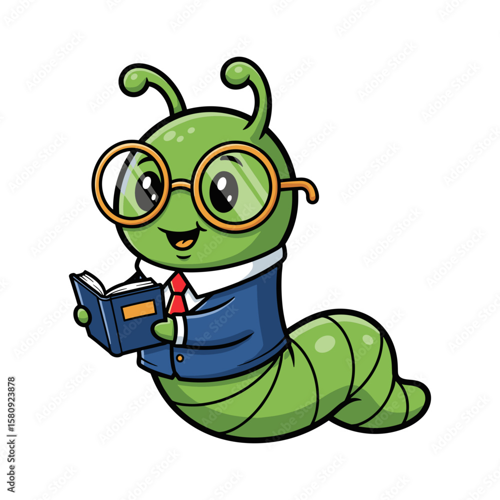 Obraz premium Cute Cartoon Green Caterpillar Student with Glasses Reading Book