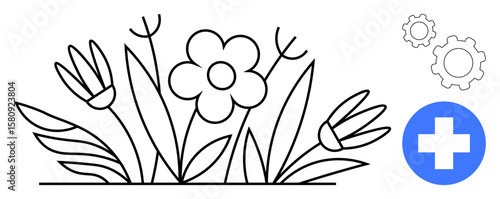 Blooming flowers with leaves, a medical cross in blue, and gear symbols. Ideal for wellness, healthcare, eco-living, sustainability, nature, holistic therapy simple landing page