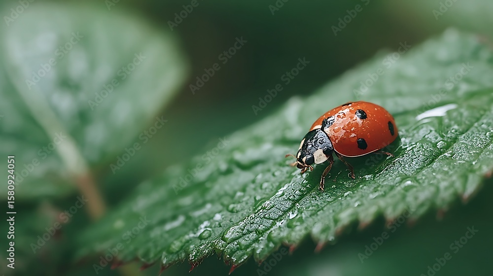 Obraz premium Ladybug on Wet Green Leaf