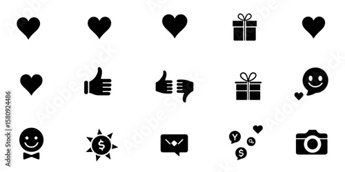Silhouette Social Media Essential Icons Set, download button, like dislike comment monetisation cloud button