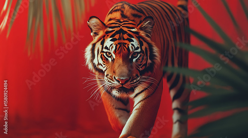 A tiger prowling towards the viewer against a red backdrop with tropical foliage around it
