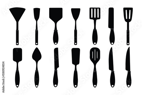 A collection of black silhouettes of various kitchen utensils including spatulas turners and knives on a white background