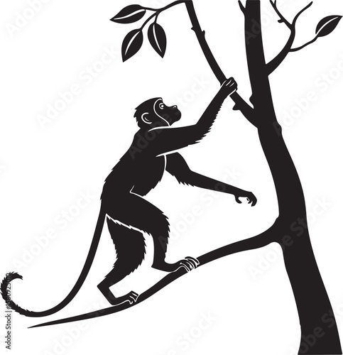 Silhouette-style monkey reaching for a branch under the moonlight in a forest scene.