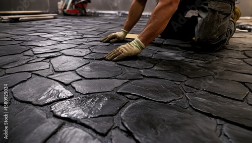Worker installing dark gray stone floor tiles