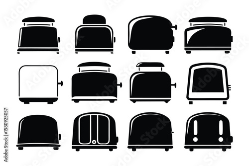 A collection of twelve black silhouette icons representing various styles and designs of kitchen toasters on a white background