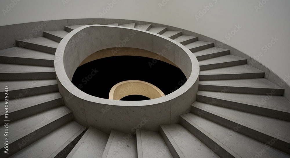 Fototapeta premium Curved concrete spiral staircase from above looking down into a dark void with a smaller spiral