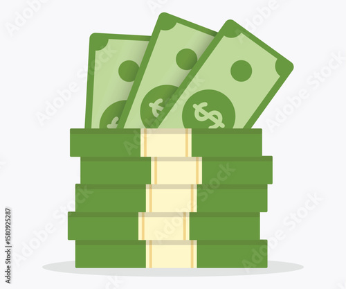 Stack of green US dollar banknotes with bundles, flat vector illustration of American currency, perfect for finance, banking, and investment-related designs