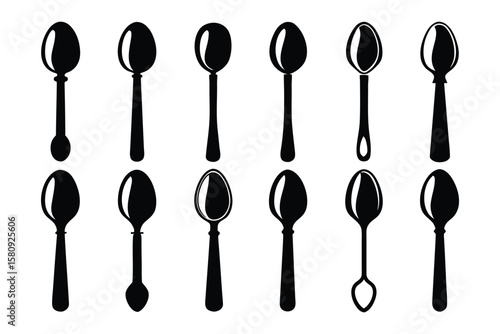 A collection of twelve diverse black silhouette spoon designs showcasing various shapes and styles on a white background