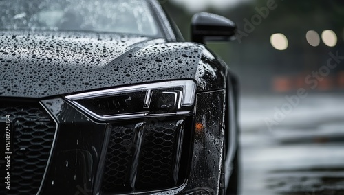 Close-up of a black sports car's front end, wet with rain