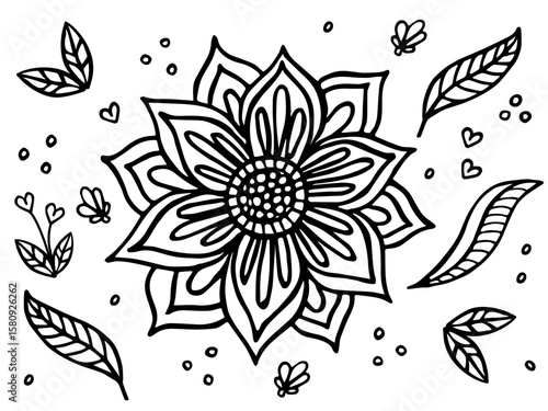 Vector Hand Drawn Floral Mandala Coloring Page for Kids and Adults. Doodle linear design with Leaves, Hearts, and Cute Elements. Black and White Line Art for Printable, Coloring Book, Anti-Stress