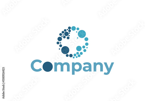 Company abstract circles shape with a plus sign in the middle, blue color stylish vector logotype