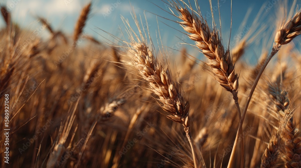 Fototapeta premium Wheat seeds blurred wheat field background
