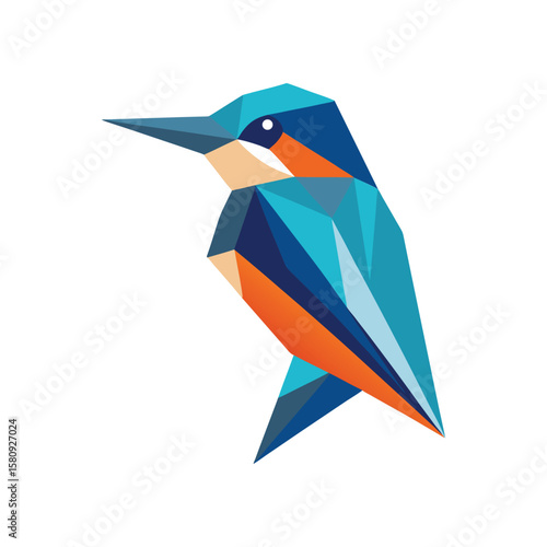 Polygonal kingfisher bird illustration blue orange geometric shapes on white background
