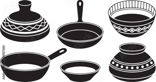 Black pottery and pans with decorative patterns cookware
