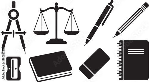 School supplies and justice symbol black silhouette