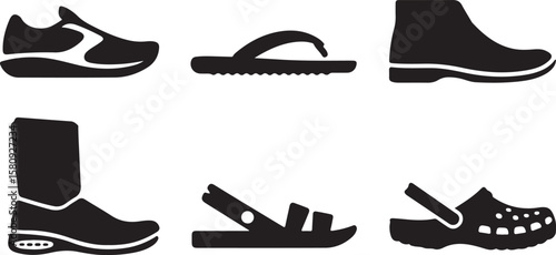 Six black shoe icons footwear white vector