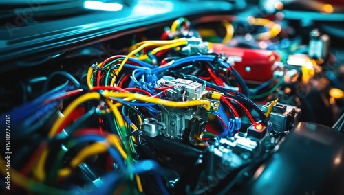 Close-up of a car engine bay with colorful wires and components