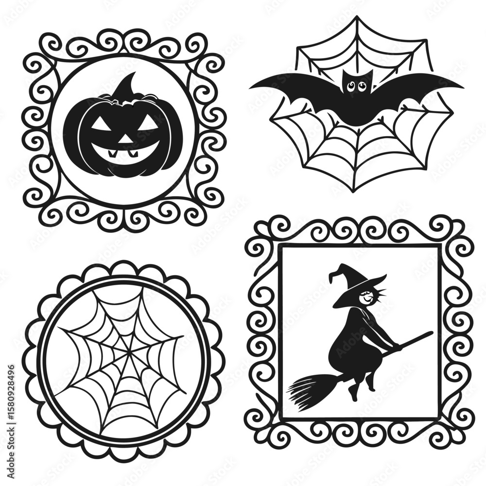 Obraz premium Four halloween themed images with a pumpkin, bat in web, spider web, and witch on a broom in frames design