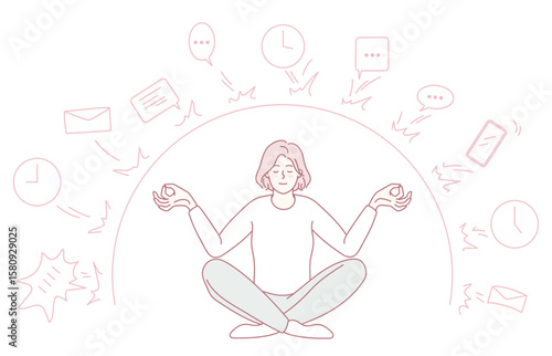 A serene and peaceful depiction of a person deeply meditating amidst the daily distractions of life
