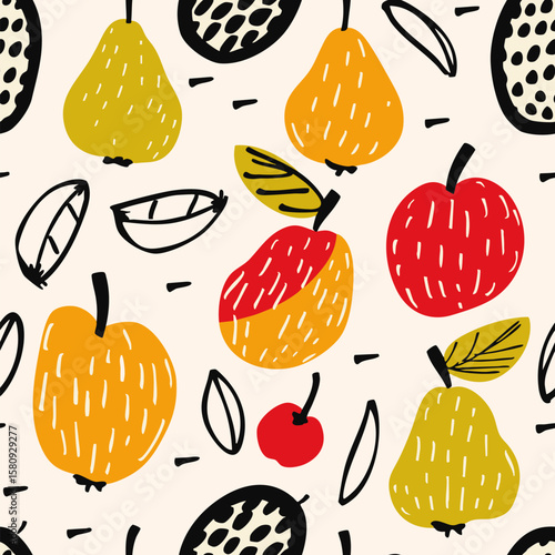 Cute vector seamless pattern with summer fruit, apples, pears, cherries, passion fruit, leaves. Abstract scribble hand drawn style illustration. Modern funky childish background. Repeatable design
