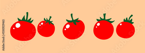 Vector pack of five red tomatoes in flat style over a peach-colored backdrop. Great for nutrition, kitchen visuals, fresh food branding, or digital grocery content.
