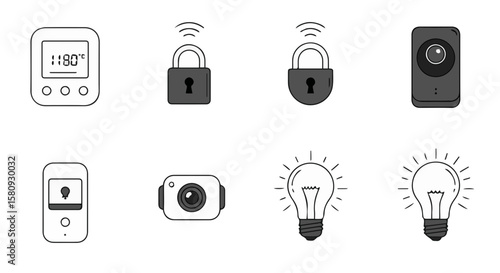 Smart home devices with temperature monitor security locks cameras and lighting concepts