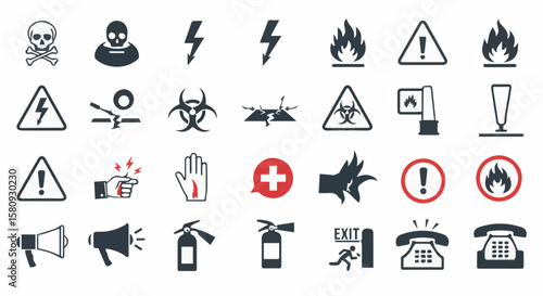 Variety of safety warning symbols representing hazards and emergency situations
