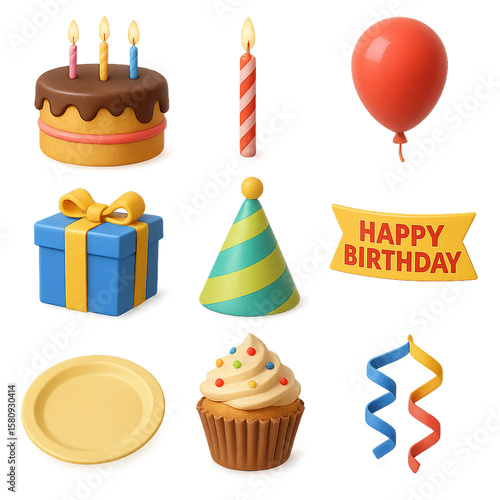 3D Icon Set of Birthday Party Celebration Items in Realistic Style