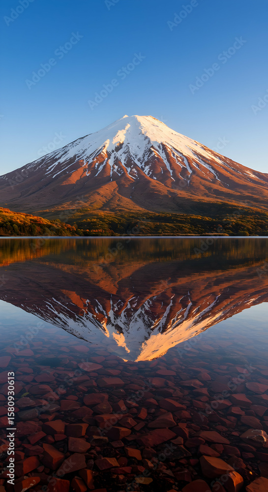 Fototapeta premium Majestic snowcapped mountain reflecting in calm lake at sunrise