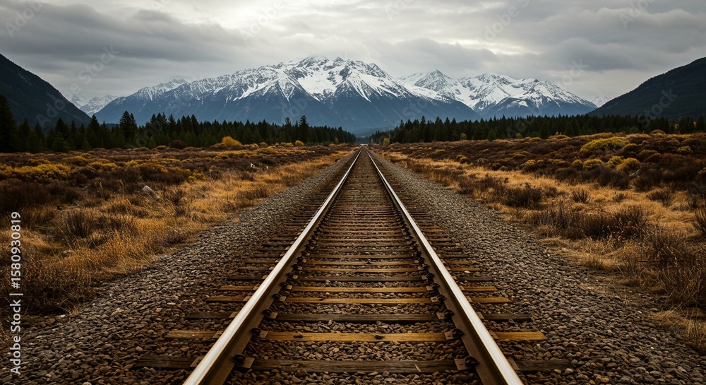 Fototapeta premium Railroad tracks stretch into the distance, framed by golden fields and snow-capped mountains under a cloudy sky.