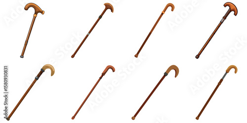 Various different style wooden walking canes lined up on a white background Generative Ai