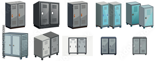 Isometric illustration of multiple gym or school lockers in various configurations colors