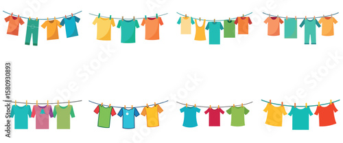 Colorful Laundry Day Featuring Clotheslines Hanging Garments vector illustrations