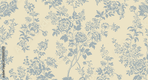 Elegant floral wallpaper with repeating pattern in shades of light blue and beige