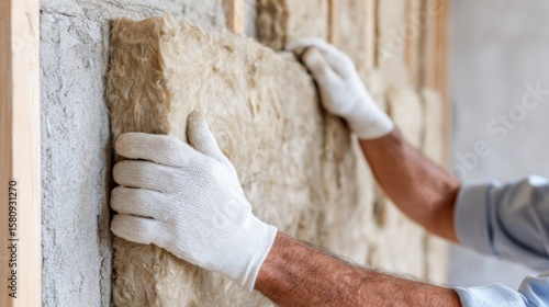 Worker in white gloves installing natural wool insulation inside wall cavity, eco friendly building materials