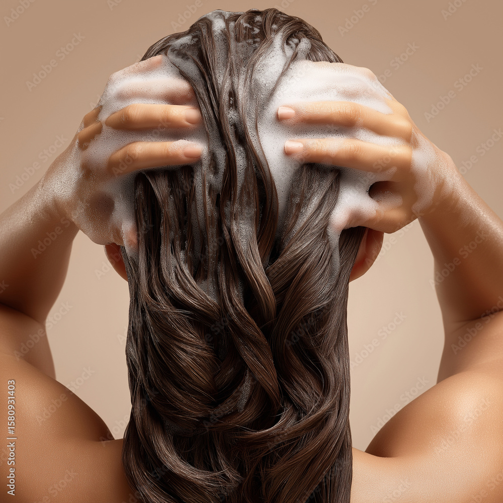 Naklejka premium Junge Frau wäscht sich die langen braunen Haare mit Shampoo