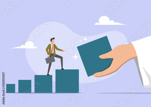 Jesus hand extending to place a new block onto a growing stairway