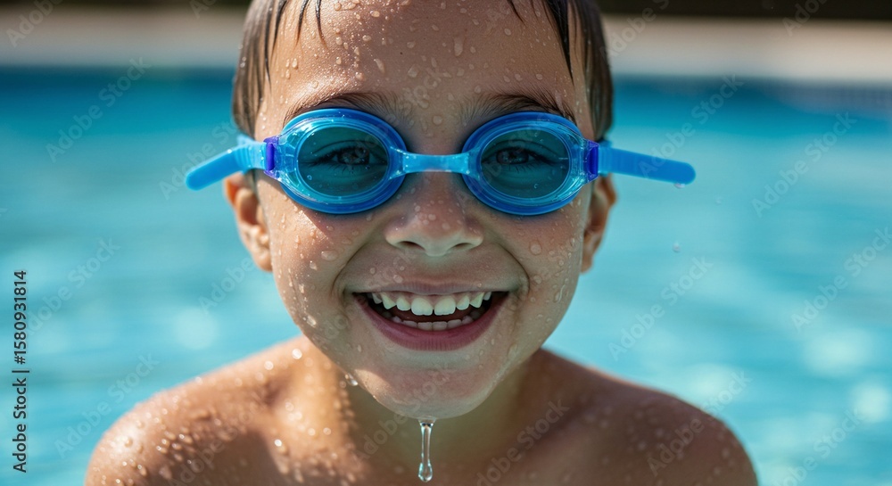 Naklejka premium A young boy with blue goggles emerges from a swimming pool, his face covered in water droplets, beaming with a happy smile.