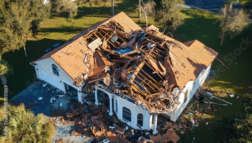 Aerial view of a severely damaged house roof
