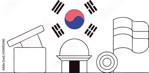 Flat design graphic depicting the constitution of south korea with symbolic elements and korean text