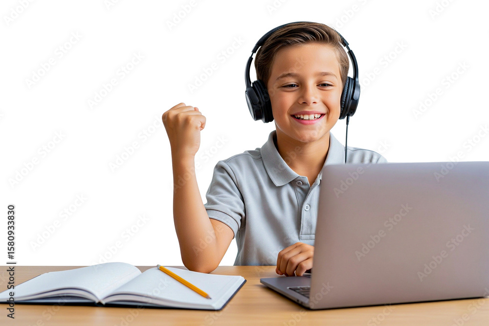 Smilling boy with headphone and laptop on white Smilling boy with headphone and laptop on white