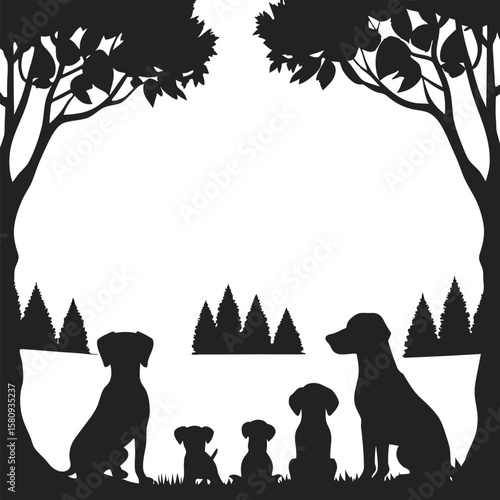 Silhouette of Dog Family in a Forest Setting