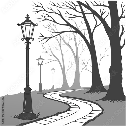 A winding brick path leads past street lamps and bare trees in a grayscale park illustration scene
