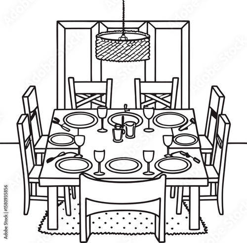 Top View of Set Table with Six Chairs and Woven Light Fixture