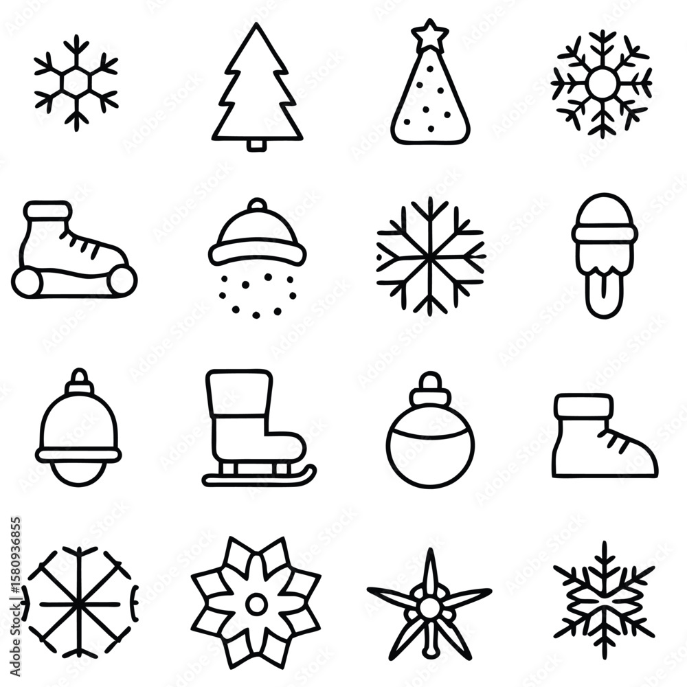 Naklejka premium Winter Icon Set, Snow, Holiday, Weather & Christmas Line Icons in Minimal Style