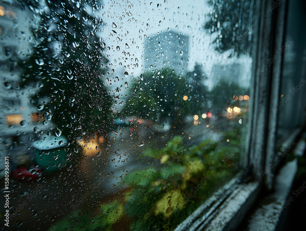 Obraz premium a rainy view from a window, with raindrops on the glass and blurred city lights and trees in the background. The scene appears to be taken during the evening or night.