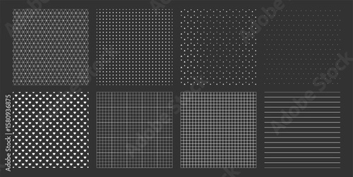 Geometric pattern set. Collection of seamless ornament backgrounds with stripes, dots, crosses, hearts and grid elements. Vector decorative textures
