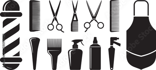 Professional Hairdressing and Barber Tools Silhouette, Essential for Salons, Beauty, and Styling Concepts.