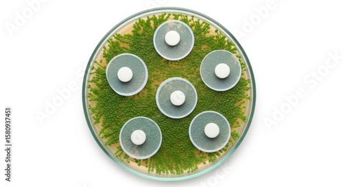 Petri Dish Antibiotic Sensitivity Test - A top-down view of a petri dish showcasing bacterial growth inhibited by antibiotic discs.